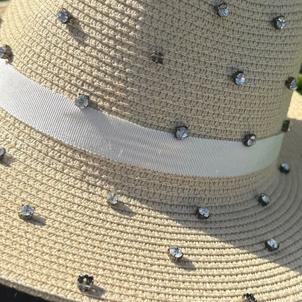 Studded Tan Straw Hat Rhinestone Detailing White Trim - BRAND NEW